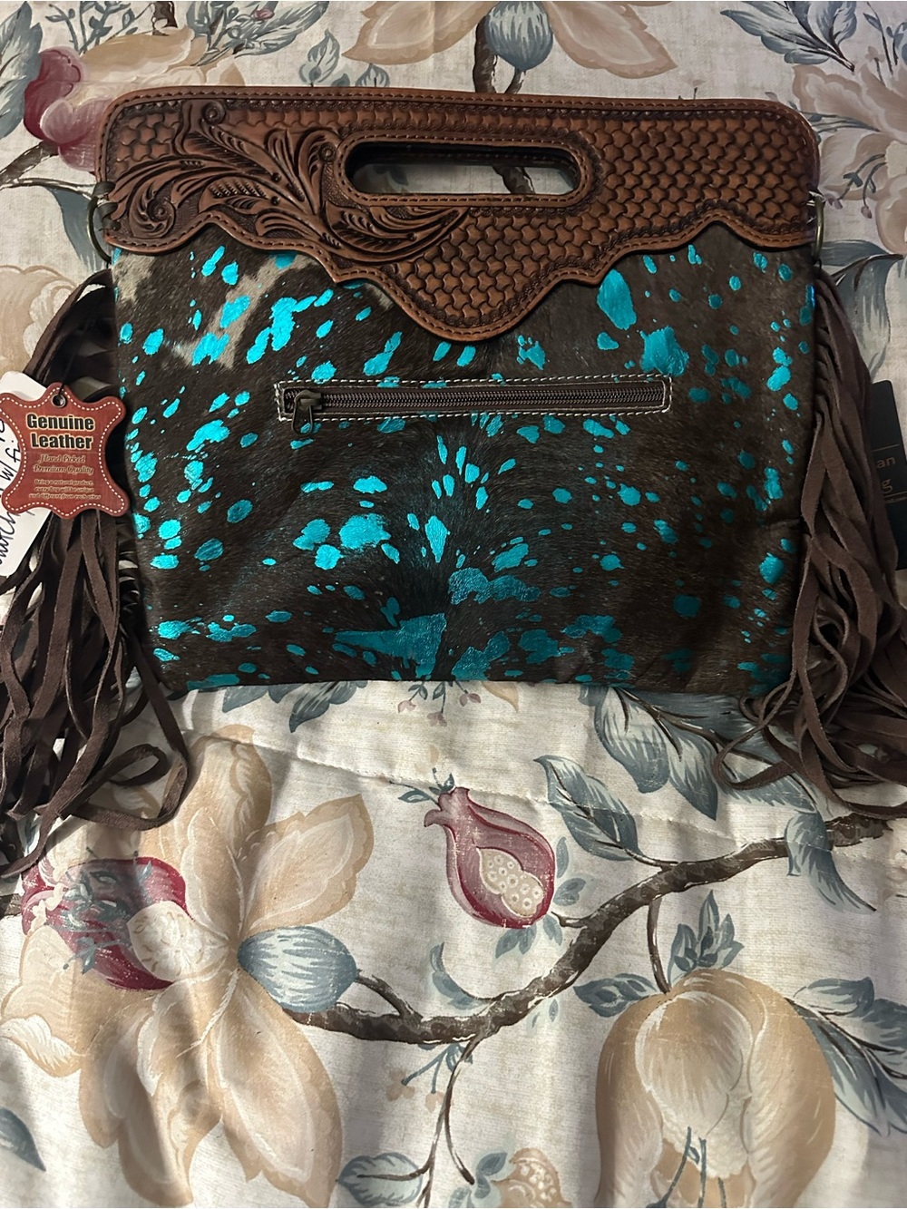 Genuine Leather Brown & Turquoise Tooled Fringe Women's Handbag NWT